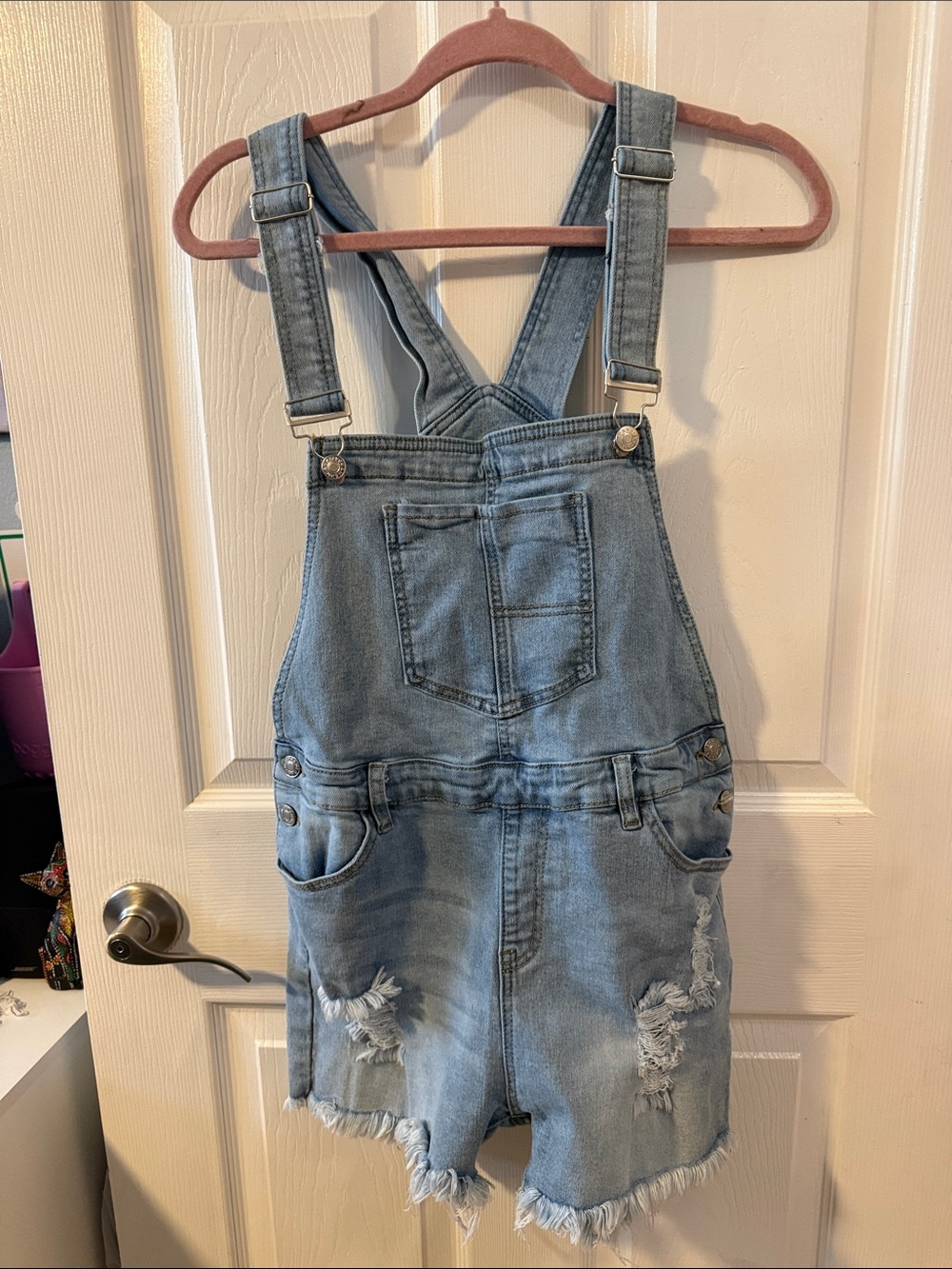 American Bazi Light Blue Distressed Denim Short Overalls